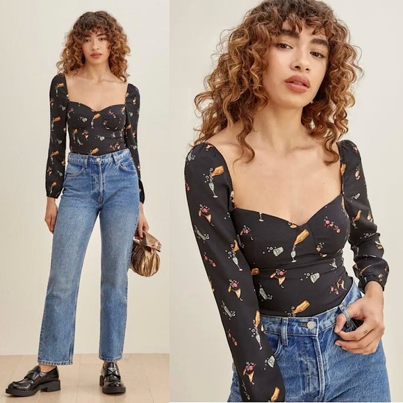 REFORMATION Cocktail Print Puff Long Sleeve Sweetheart Neck Smocked Back Top 10 - Picture 1 of 7